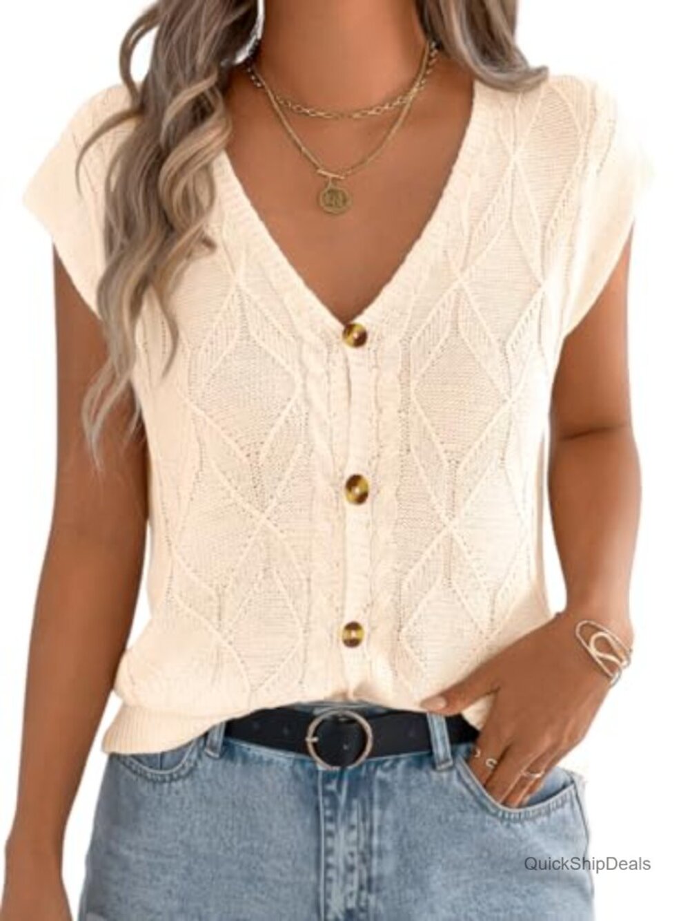 Women's Sweater Vest Cap Sleeve V-Neck Button Down Argyle Cable Knit